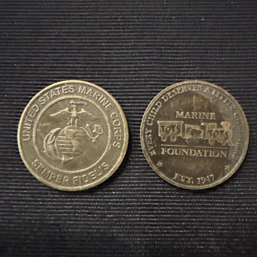 Two VTG US Marine Corps USMC Semper Fidelis Toys for Tots Coin Token